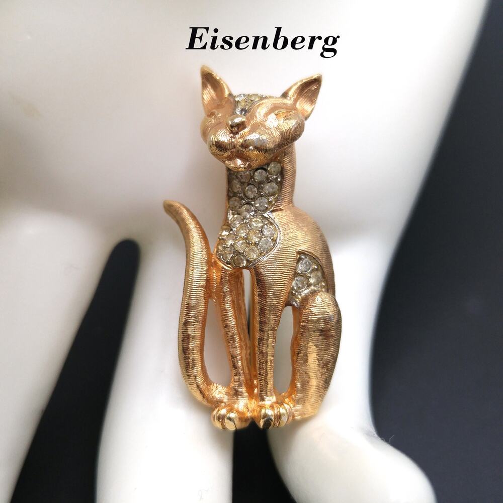 Eisenberg Cat Brooch Gold Tone Rhinestone Figural Vintage 1950s